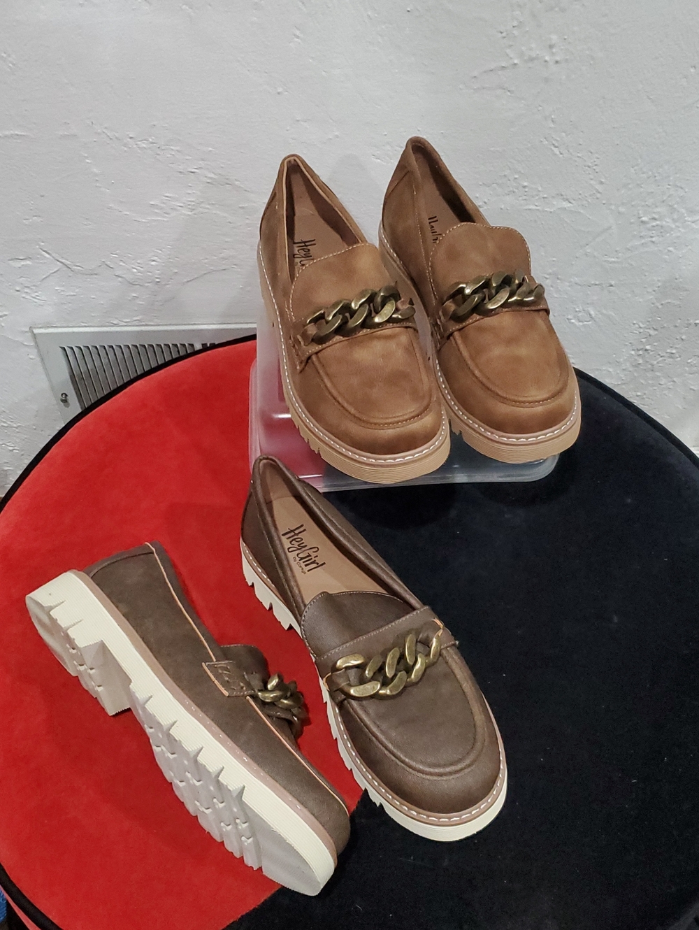 2 Pair Hey Girl by Corkys Literally Tan Suede Loafer Chunky Chain Size 11